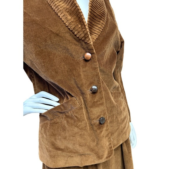 Vintage 80s Corduroy Blazer Jacket Skirt Suit Set Women's Warm Brown Two Piece‎ - Picture 2 of 12